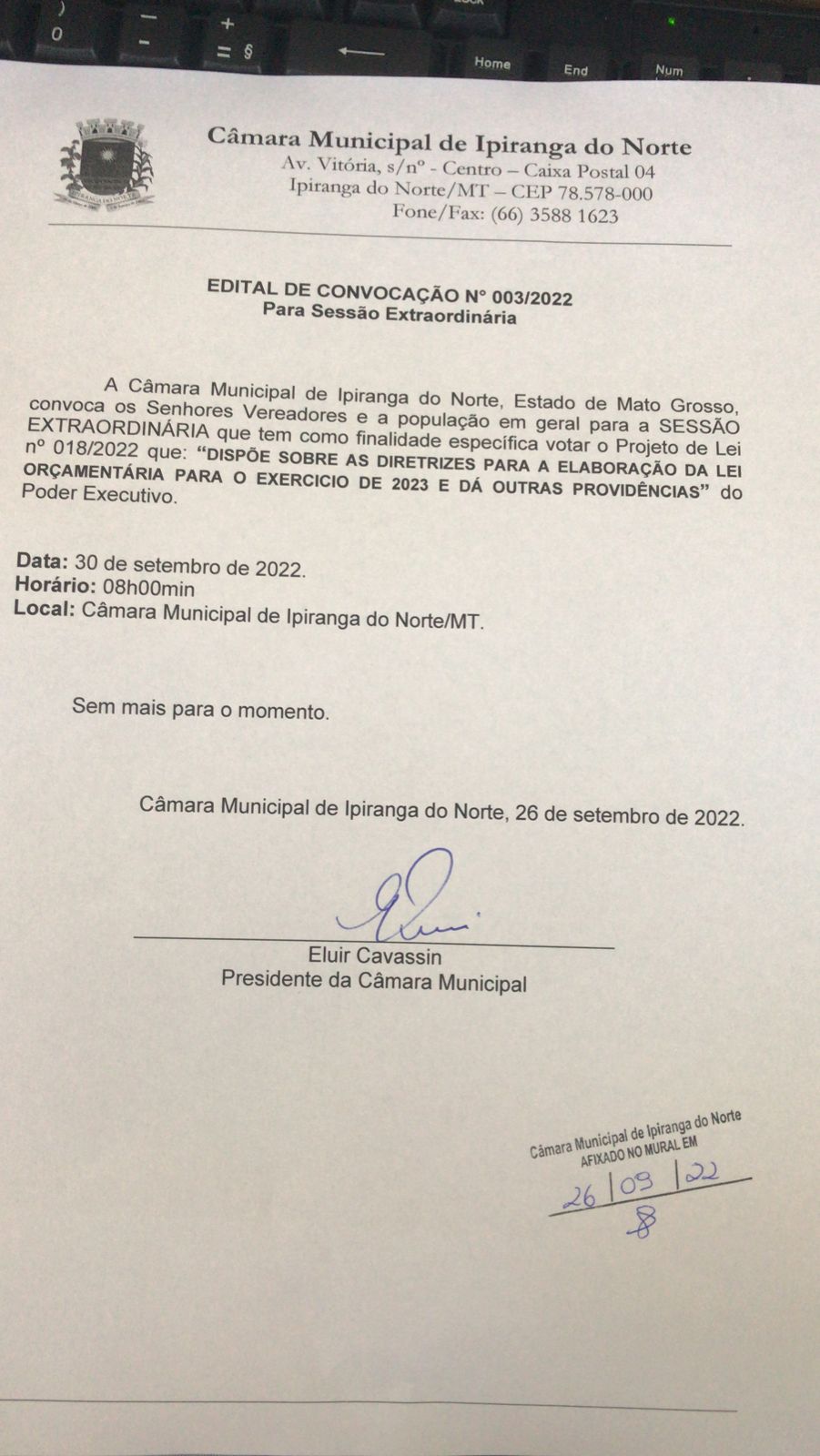 CONVOCAÇÃO PARA 2ª SESSÃO EXTRAORDINÁRIA DE 2022 DIA 30/09/2022 - 8:00h